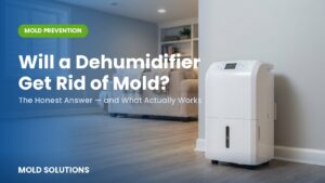Will a dehumidifier get rid of mold? White dehumidifier running in a finished basement — Mold Solutions