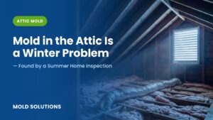 Residential attic showing roof sheathing, rafters and a bath fan duct lying loose on the insulation — mold in the attic.